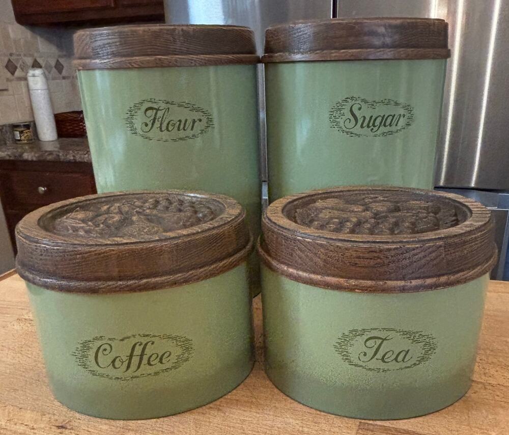 Vintage 1970s Burlington Crafts Avocado Green Kitchen Canister Set of 4